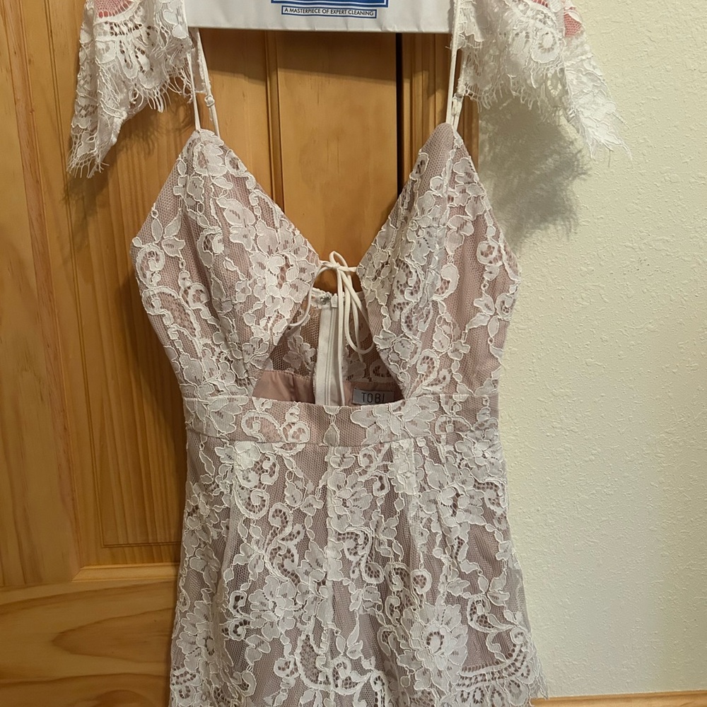 White Lace Spaghetti Strap Romper with Blush Lining